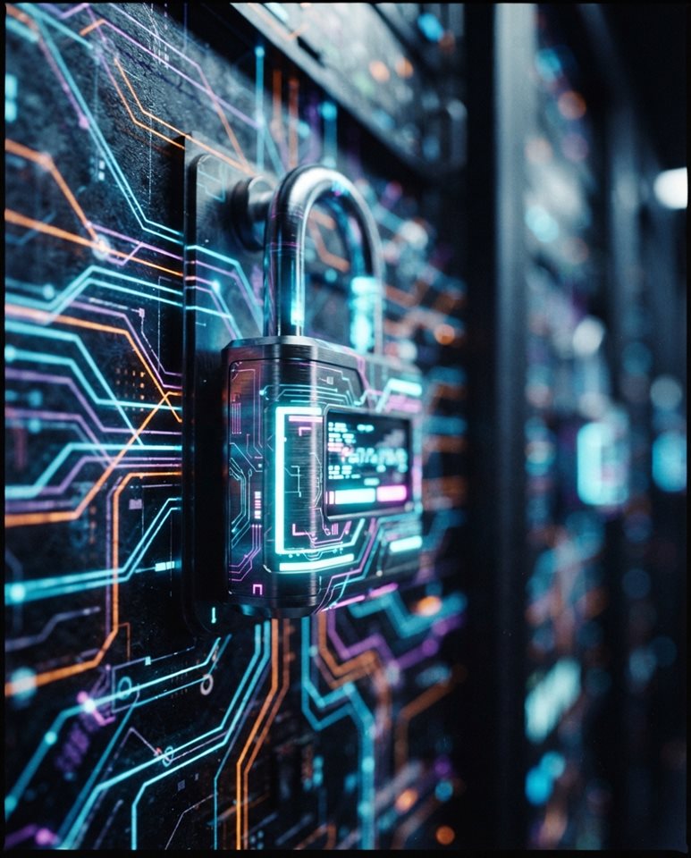 Cinematic film still of glowing digital padlock with network lines, close-up detail with shallow depth of field, vivid colors, high contrast, energetic, 4:5 aspect ratio