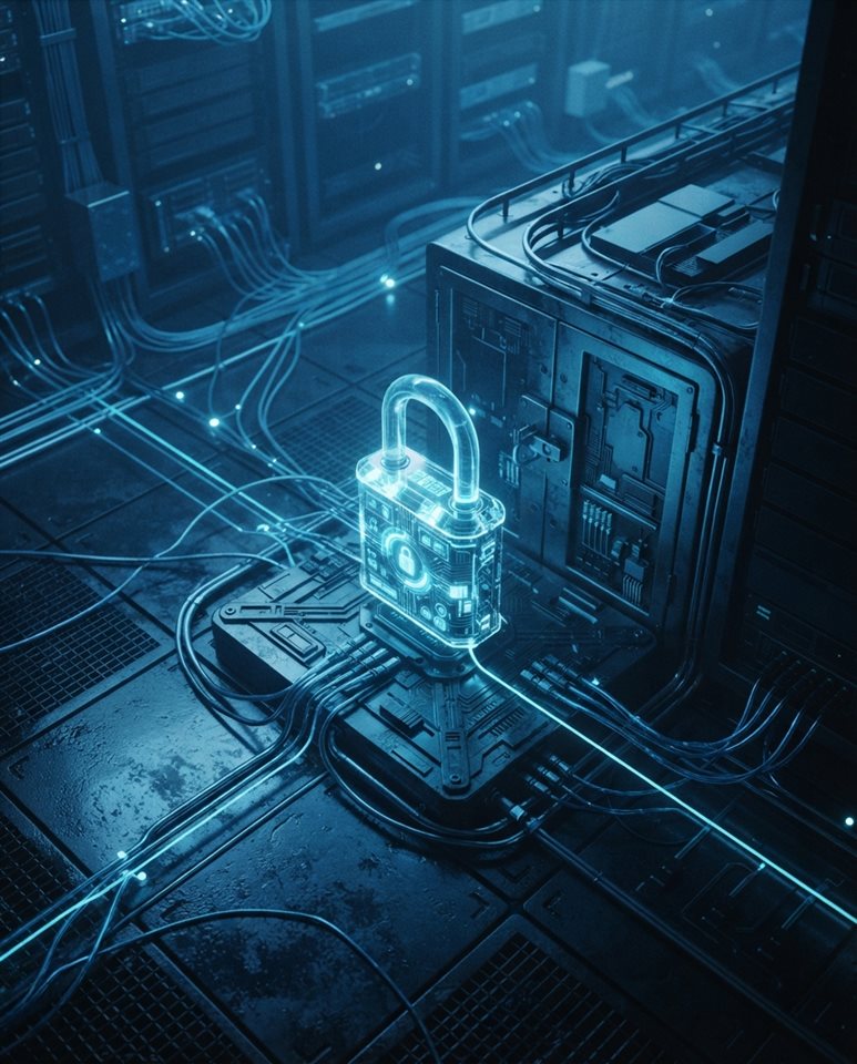 Cinematic film still of glowing digital padlock with network lines, high-angle view from above, cool blue tones, quiet atmosphere, 4:5 aspect ratio