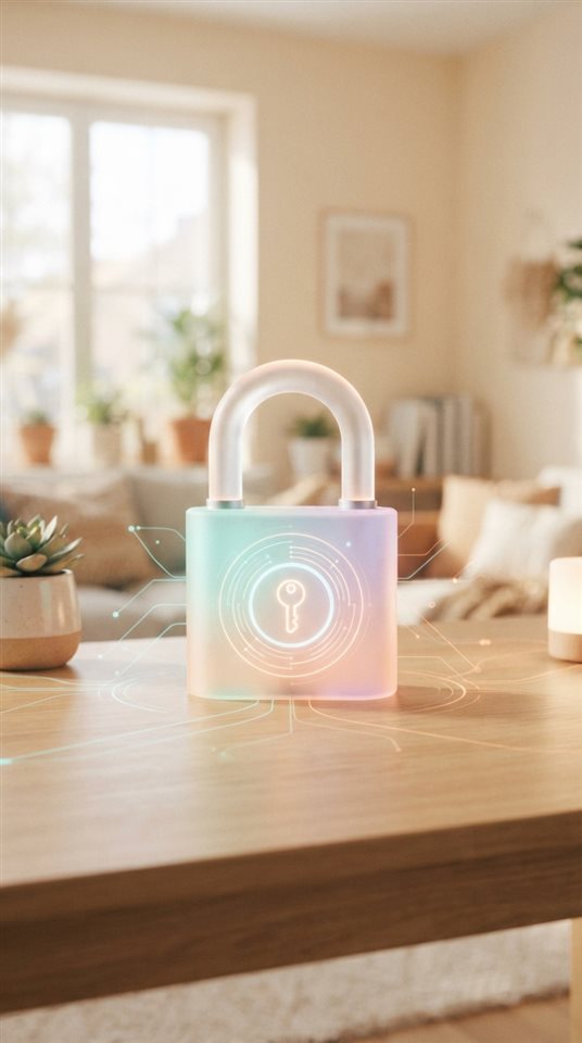Cinematic film still of glowing digital padlock with network lines, centered subject with a simple uncluttered composition, soft pastel colors, bright and cozy, 9:16 aspect ratio
