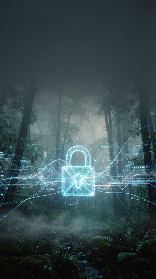 Cinematic film still of glowing digital padlock with network lines, wide shot with open space at the top for text, misty morning haze, dreamy, 9:16 aspect ratio