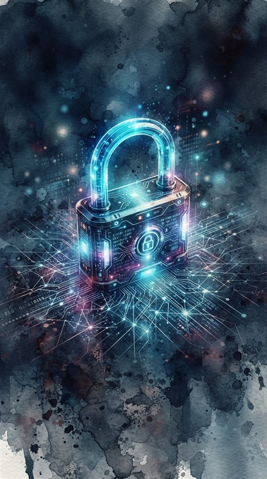 Watercolor illustration of glowing digital padlock with network lines, high-angle view from above, moody dark tones, dramatic lighting, 9:16 aspect ratio