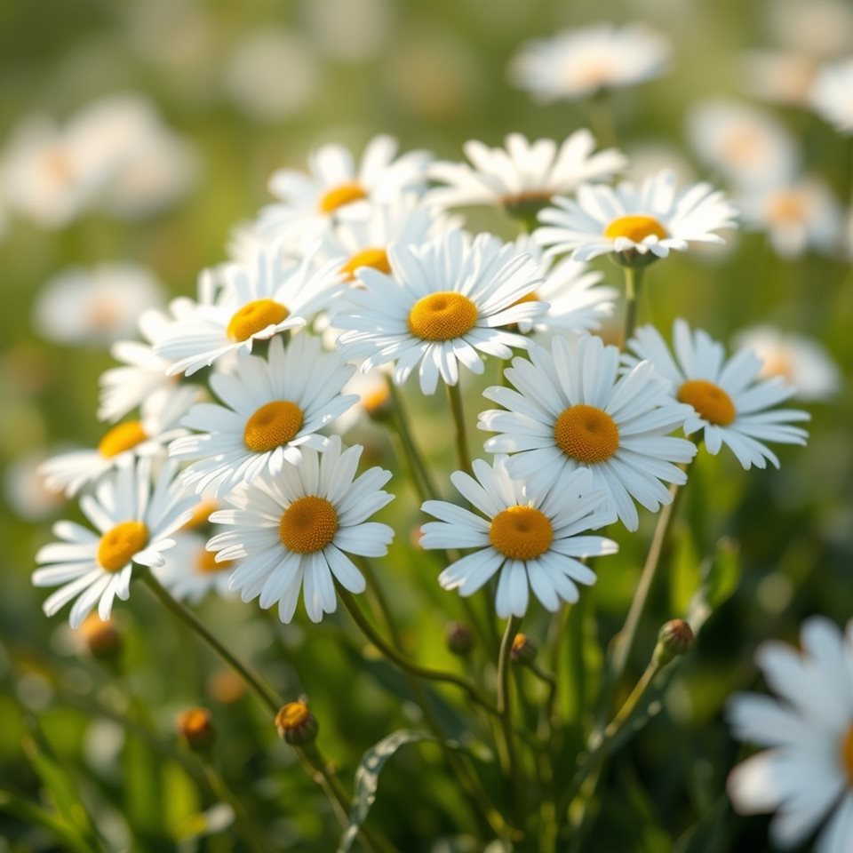 Soft 3D render of A cluster of white daisies blooming vibrantly in a sunlit meadow, close-up detail with shallow depth of field, misty morning haze, dreamy, 1:1 aspect ratio