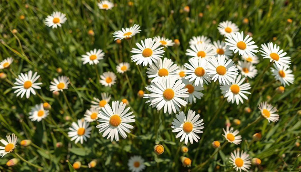 Minimal flat illustration of A cluster of white daisies blooming vibrantly in a sunlit meadow, high-angle view from above, soft pastel colors, bright and cozy, 16:9 aspect ratio