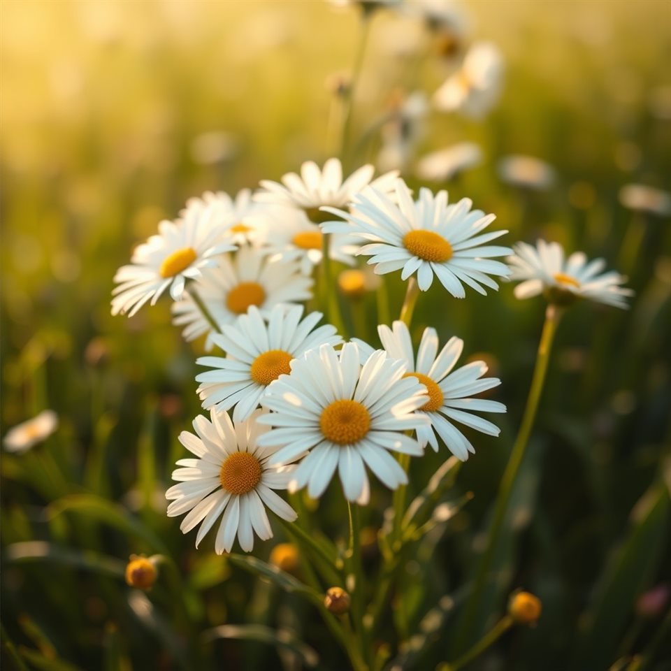 Photorealistic photo of A cluster of white daisies blooming vibrantly in a sunlit meadow, close-up detail with shallow depth of field, warm golden light, calm mood, 1:1 aspect ratio
