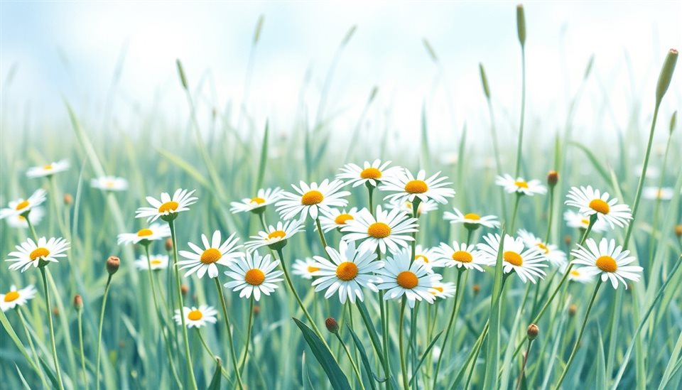 Watercolor illustration of A cluster of white daisies blooming vibrantly in a sunlit meadow, centered subject with a simple uncluttered composition, cool blue tones, quiet atmosphere, 16:9 aspect ratio