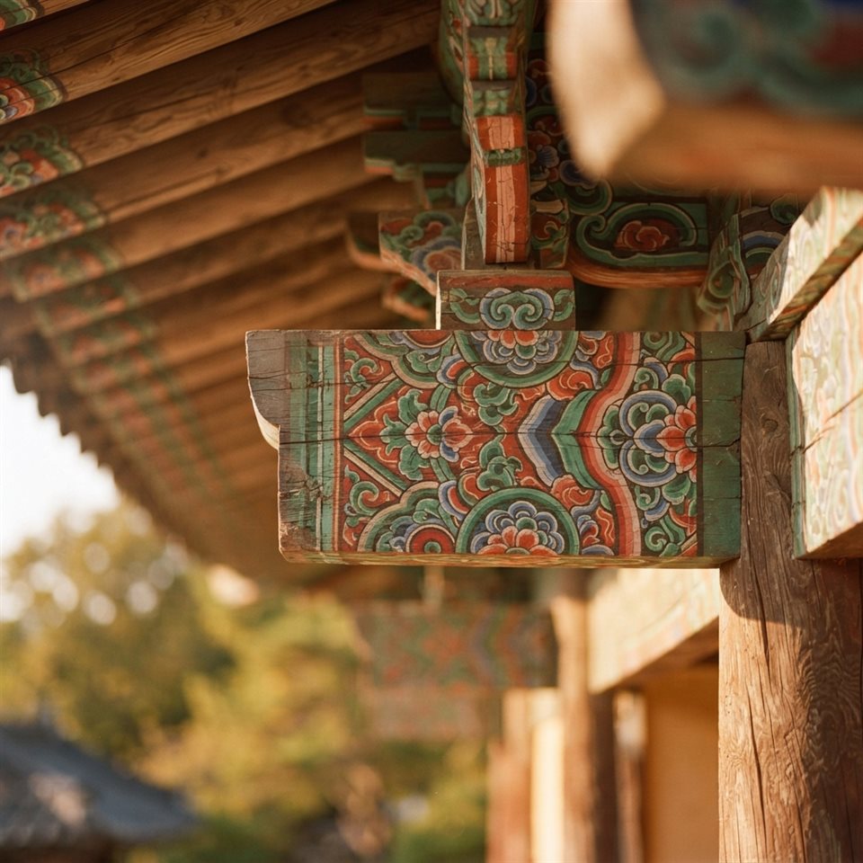 Photorealistic photo of a seamless traditional Korean dancheong pattern in red, green and blue, close-up detail with shallow depth of field, warm golden light, calm mood, 1:1 aspect ratio