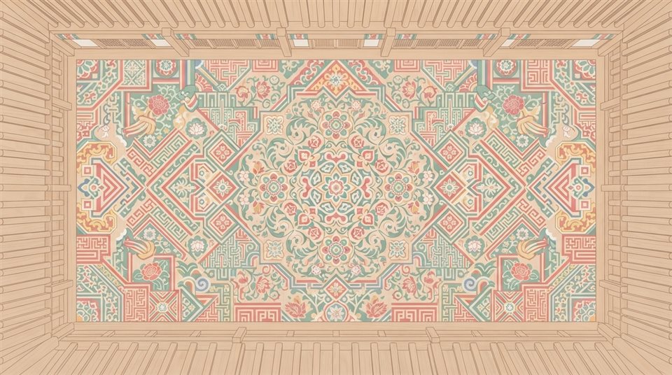 Minimal flat illustration of a seamless traditional Korean dancheong pattern in red, green and blue, high-angle view from above, soft pastel colors, bright and cozy, 16:9 aspect ratio