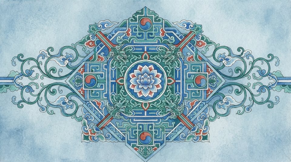 Watercolor illustration of a seamless traditional Korean dancheong pattern in red, green and blue, centered subject with a simple uncluttered composition, cool blue tones, quiet atmosphere, 16:9 aspect ratio