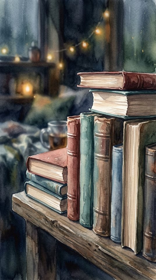 Ilustração em aquarela de cena estética escura e melancólica com luzes suaves e brilhantes, detalhe em close-up com profundidade de campo rasa, cores pastel suaves, claro e aconchegante, proporção 9:16