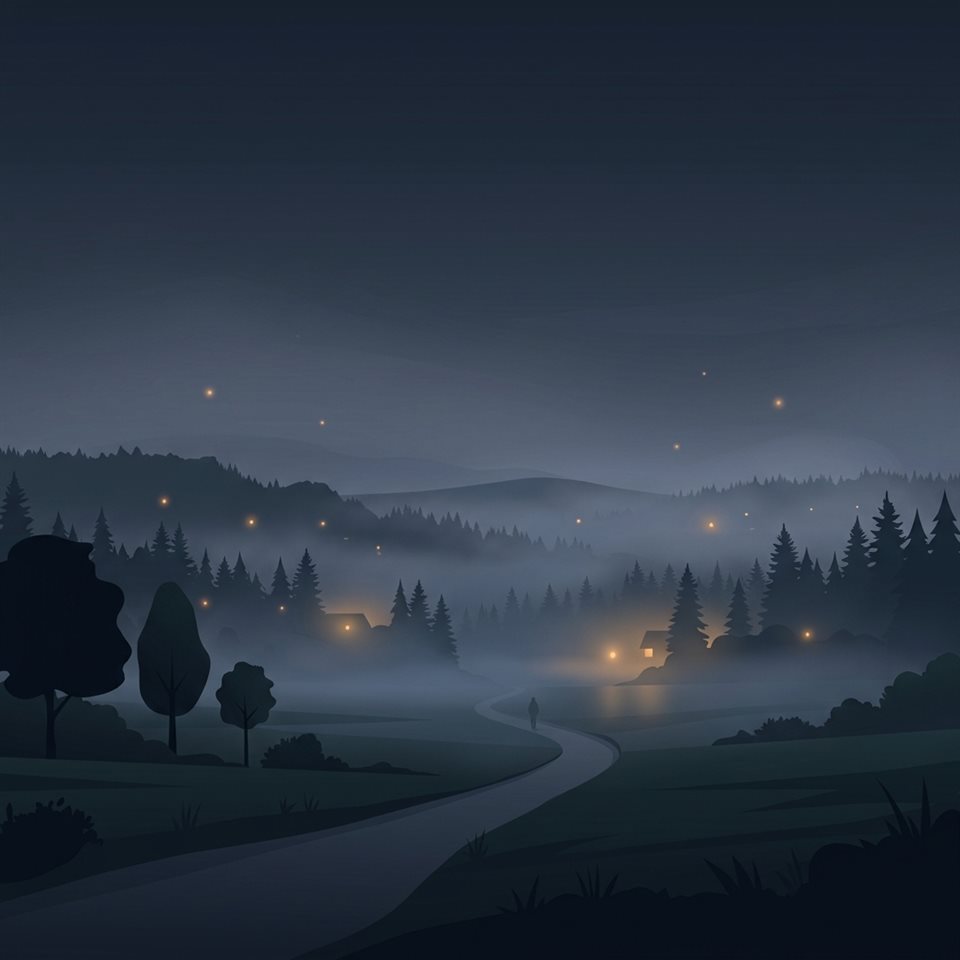 Ilustração plana minimalista de cena estética escura e melancólica com luzes suaves e brilhantes, tomada ampla com espaço aberto na parte superior para texto, névoa matinal, sonhador, proporção 1:1
