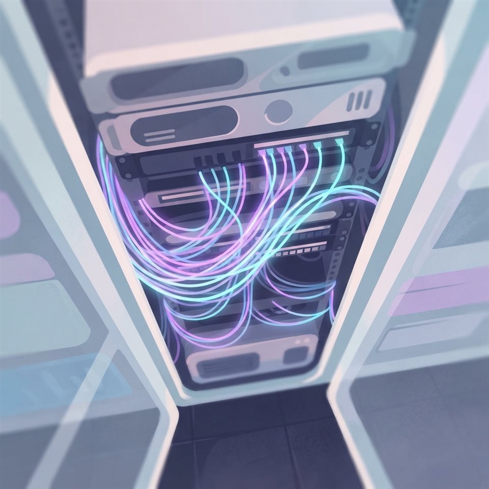 Minimal flat illustration of Close-up of fiber optic cables glowing with neon purple and cyan light inside a server rack, shallow depth of field, futuristic technology background, high-angle view from above, soft pastel colors, bright and cozy, 1:1 aspect ratio