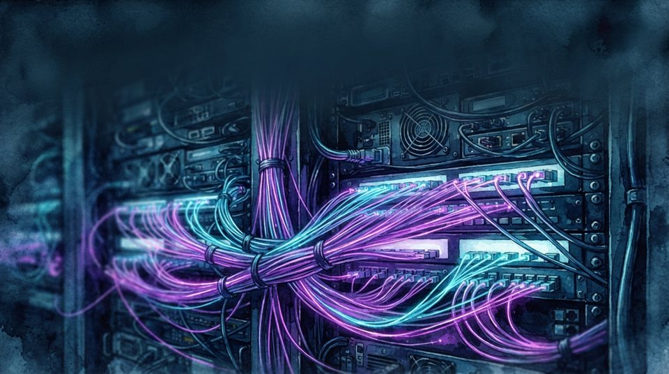 Watercolor illustration of Close-up of fiber optic cables glowing with neon purple and cyan light inside a server rack, shallow depth of field, futuristic technology background, wide shot with open space at the top for text, cool blue tones, quiet atmosphere, 16:9 aspect ratio