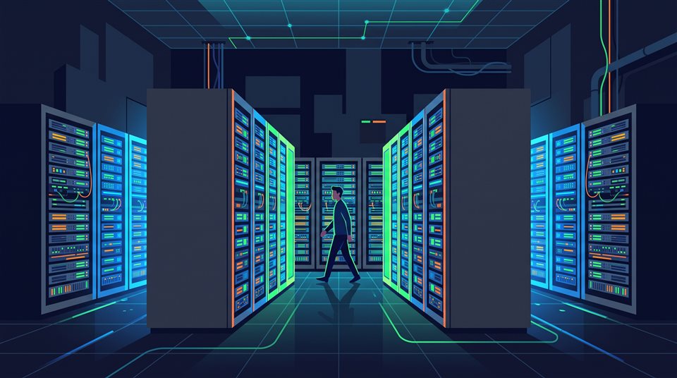 Ilustração plana minimalista de fileiras de servidores em um data center, assunto centralizado com composição simples e limpa, cores vívidas, alto contraste, energético, proporção 16:9
