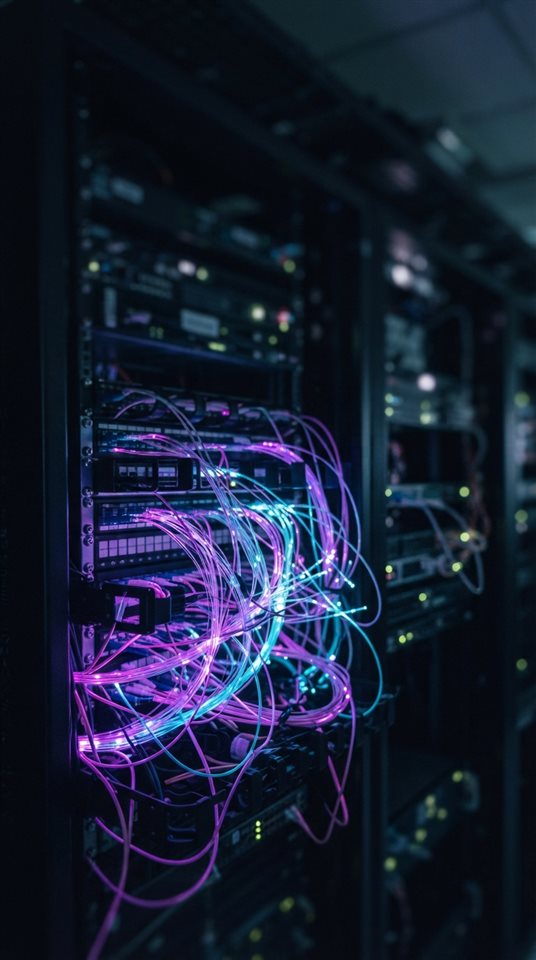 Photorealistic photo of Close-up of fiber optic cables glowing with neon purple and cyan light inside a server rack, shallow depth of field, futuristic technology background, wide shot with open space at the top for text, moody dark tones, dramatic lighting, 9:16 aspect ratio