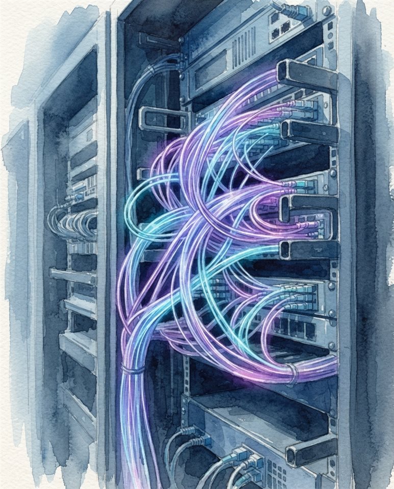 Watercolor illustration of Close-up of fiber optic cables glowing with neon purple and cyan light inside a server rack, shallow depth of field, futuristic technology background, centered subject with a simple uncluttered composition, cool blue tones, quiet atmosphere, 4:5 aspect ratio