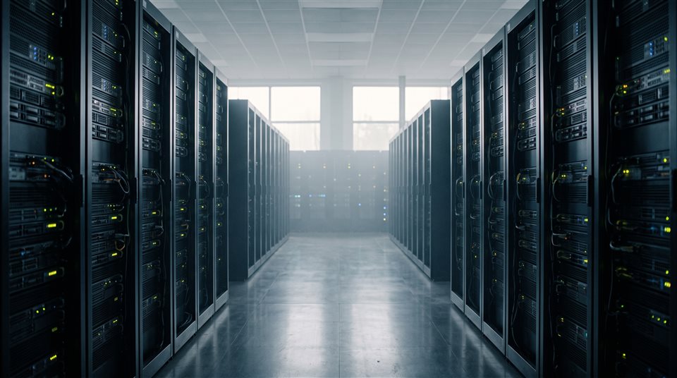 Cena de filme cinematográfico de fileiras de servidores em um data center, assunto centralizado com composição simples e limpa, névoa matinal nebulosa, sonhador, proporção 16:9