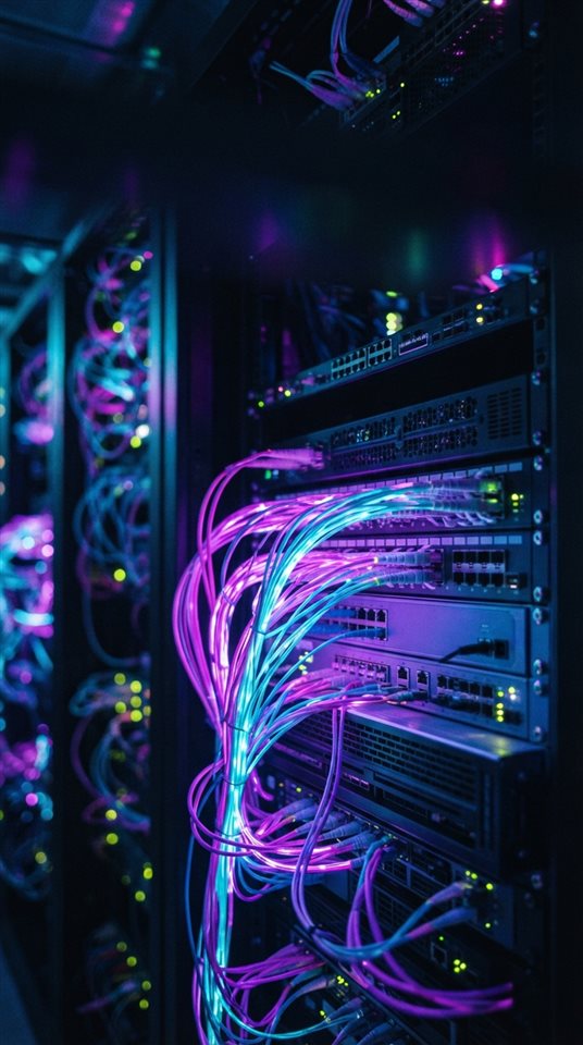 Cinematic film still of Close-up of fiber optic cables glowing with neon purple and cyan light inside a server rack, shallow depth of field, futuristic technology background, wide shot with open space at the top for text, vivid colors, high contrast, energetic, 9:16 aspect ratio
