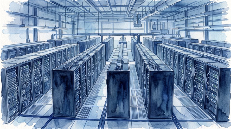 Ilustración en acuarela de filas de servidores en un centro de datos, plano picado desde arriba, tonos azules fríos, atmósfera silenciosa, relación de aspecto 16:9