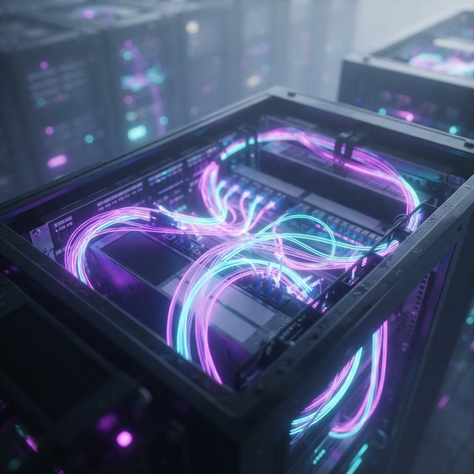 Soft 3D render of Close-up of fiber optic cables glowing with neon purple and cyan light inside a server rack, shallow depth of field, futuristic technology background, high-angle view from above, misty morning haze, dreamy, 1:1 aspect ratio
