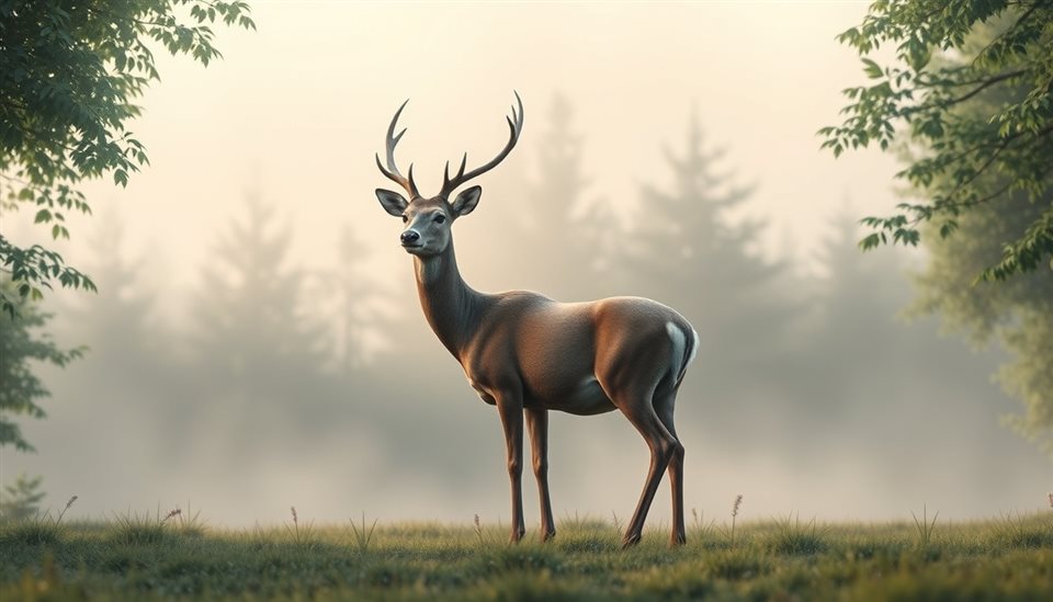 Soft 3D render of A graceful deer standing peacefully in a misty green forest during early morning light, wide shot with open space at the top for text, misty morning haze, dreamy, 16:9 aspect ratio
