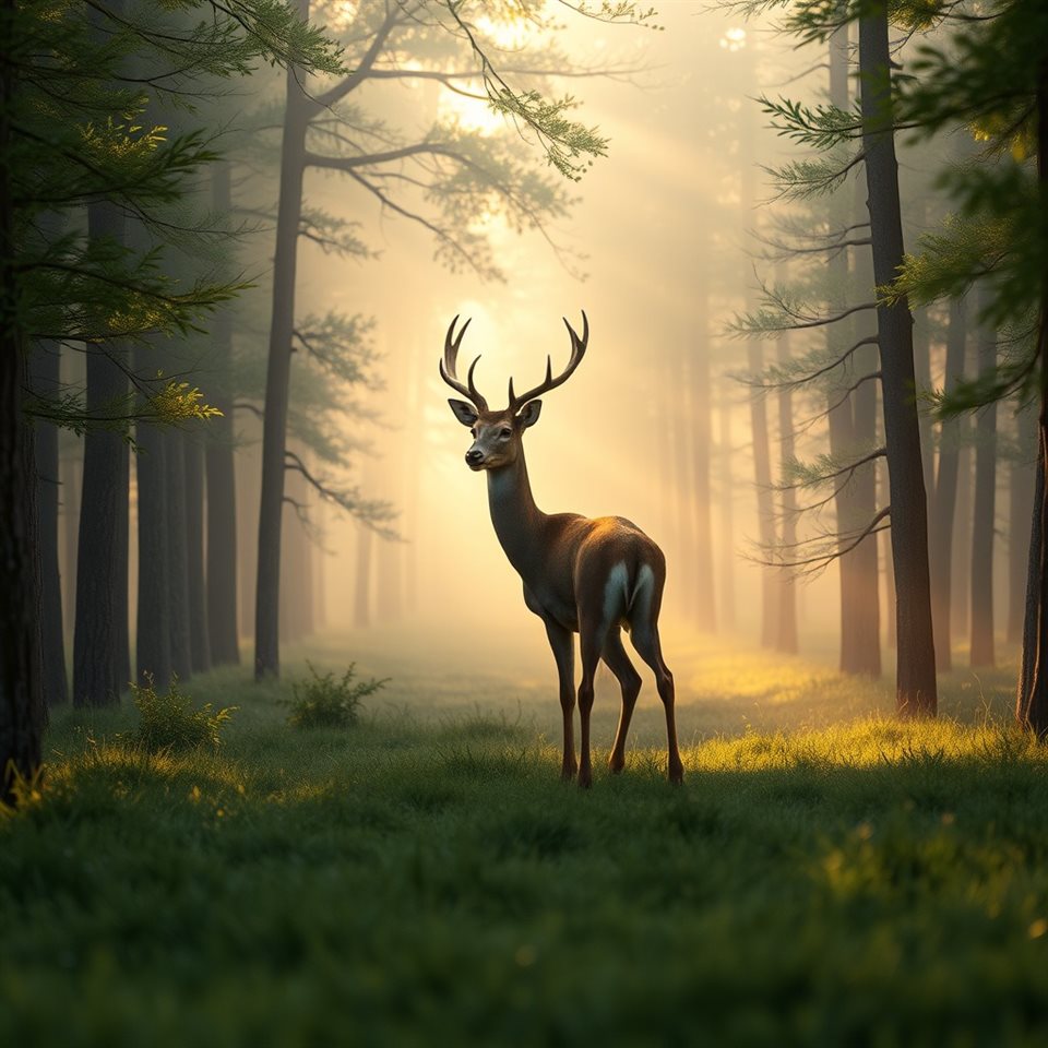 Photorealistic photo of A graceful deer standing peacefully in a misty green forest during early morning light, centered subject with a simple uncluttered composition, warm golden light, calm mood, 1:1 aspect ratio