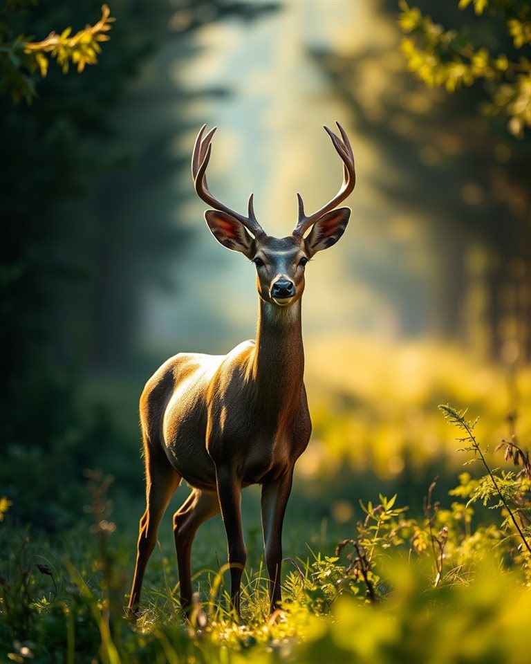 Cinematic film still of A graceful deer standing peacefully in a misty green forest during early morning light, close-up detail with shallow depth of field, vivid colors, high contrast, energetic, 4:5 aspect ratio
