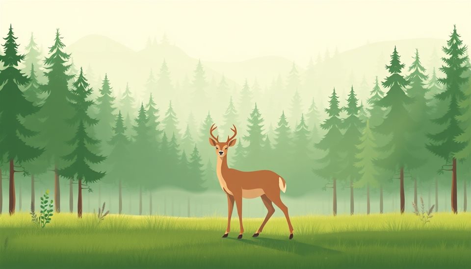 Minimal flat illustration of A graceful deer standing peacefully in a misty green forest during early morning light, wide shot with open space at the top for text, soft pastel colors, bright and cozy, 16:9 aspect ratio