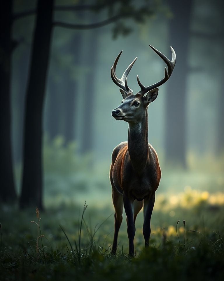 Photorealistic photo of A graceful deer standing peacefully in a misty green forest during early morning light, close-up detail with shallow depth of field, moody dark tones, dramatic lighting, 4:5 aspect ratio