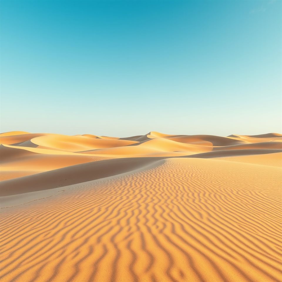 Photorealistic photo of Vast sand dunes with sharp wind ripples under a clear blue sky, wide shot with open space at the top for text, warm golden light, calm mood, 1:1 aspect ratio