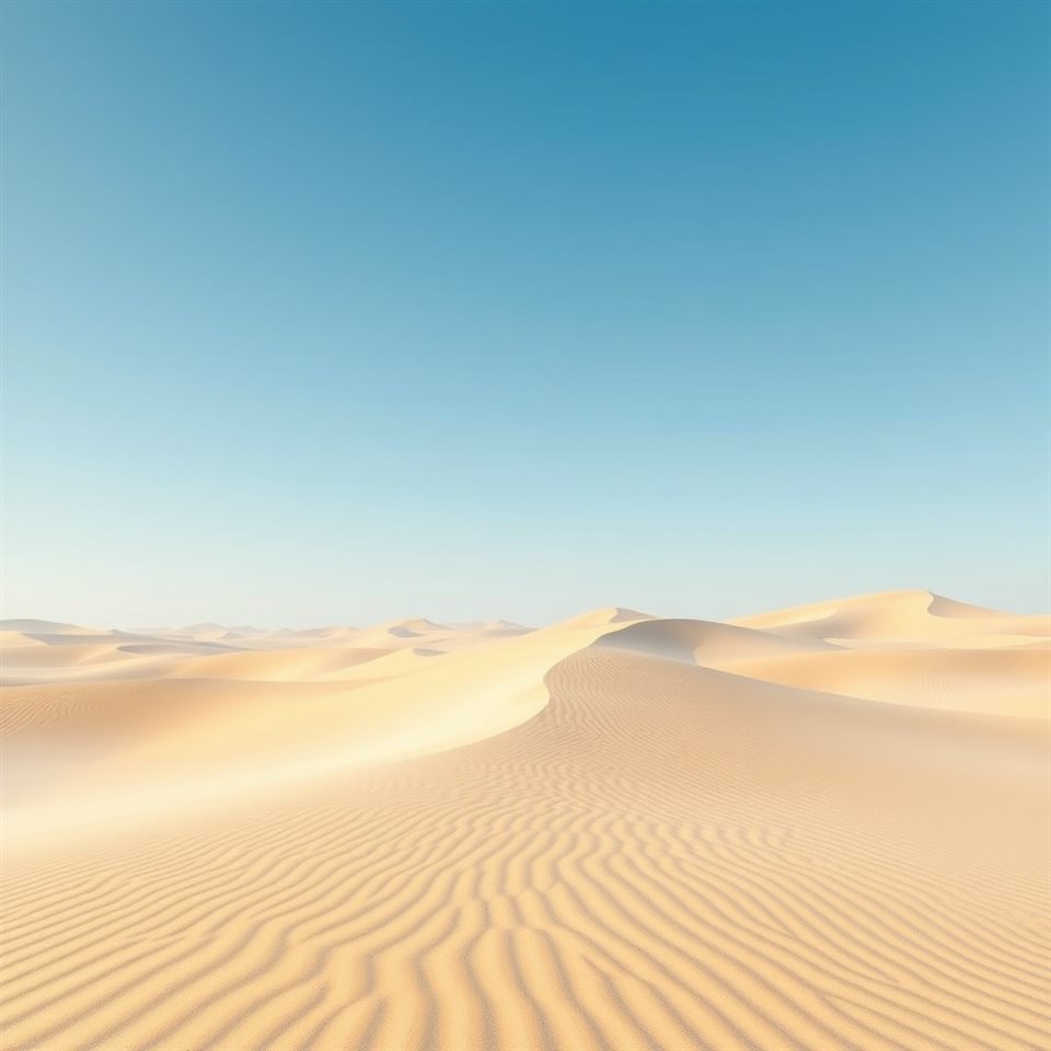 Soft 3D render of Vast sand dunes with sharp wind ripples under a clear blue sky, wide shot with open space at the top for text, misty morning haze, dreamy, 1:1 aspect ratio