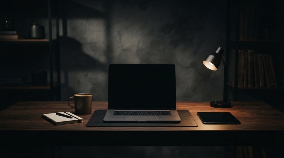 Photorealistic photo of workspace desk, centered subject with a simple uncluttered composition, moody dark tones, dramatic lighting, 16:9 aspect ratio