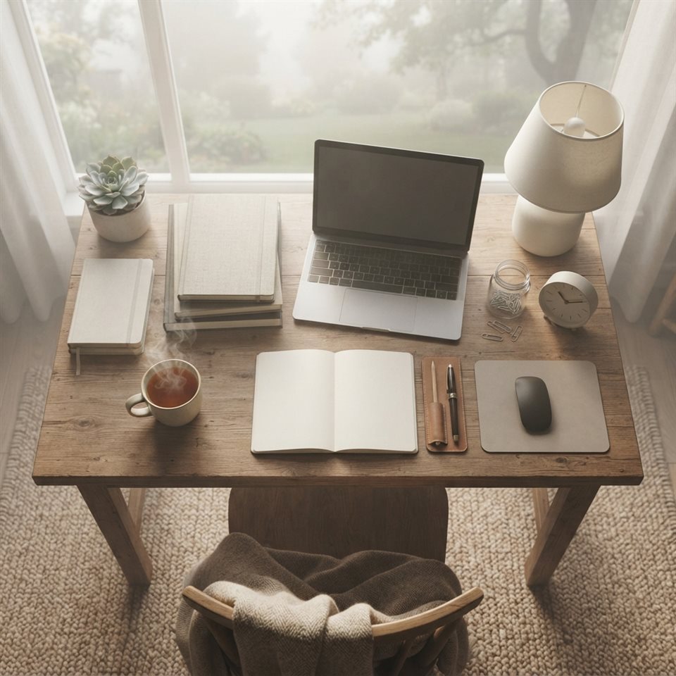 Photorealistic photo of workspace desk, high-angle view from above, misty morning haze, dreamy, 1:1 aspect ratio