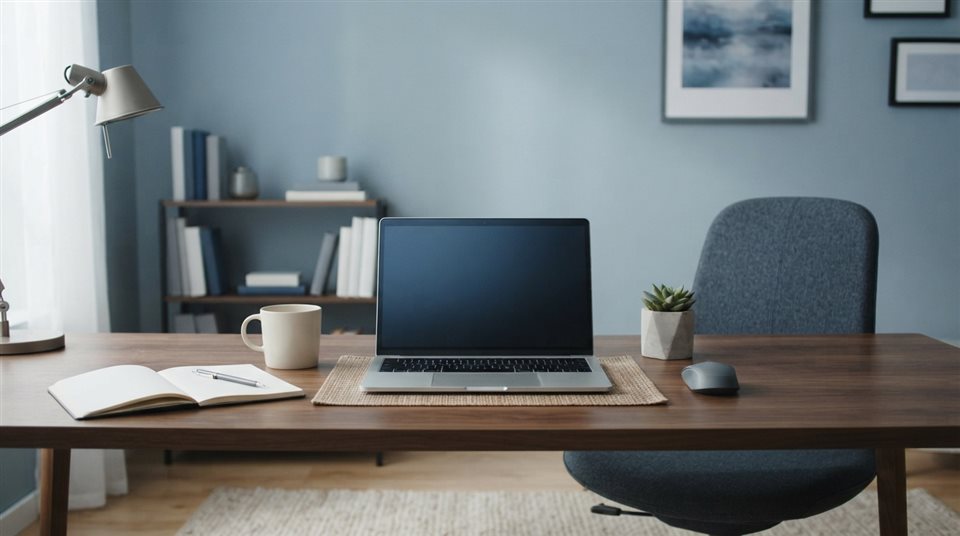 Photorealistic photo of workspace desk, wide shot with open space at the top for text, cool blue tones, quiet atmosphere, 16:9 aspect ratio