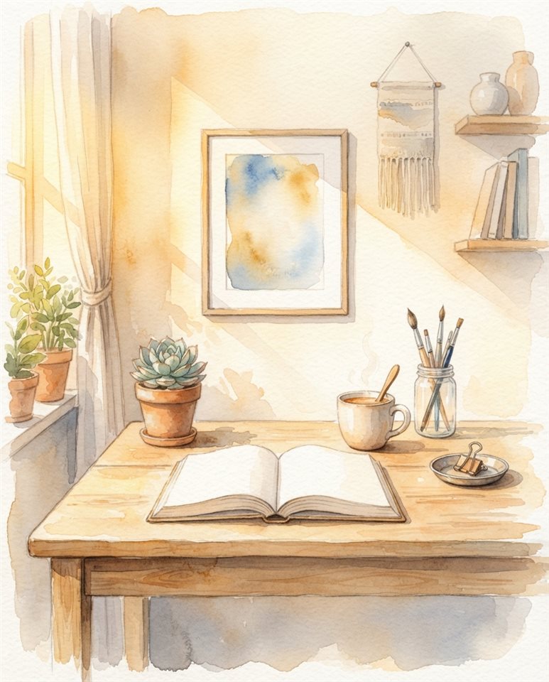 Watercolor illustration of workspace desk, centered subject with a simple uncluttered composition, warm golden light, calm mood, 4:5 aspect ratio