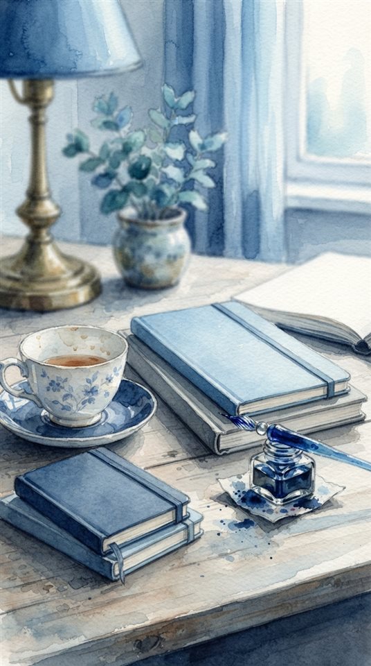 Watercolor illustration of workspace desk, close-up detail with shallow depth of field, cool blue tones, quiet atmosphere, 9:16 aspect ratio