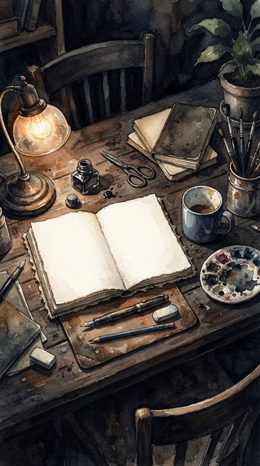 Watercolor illustration of workspace desk, high-angle view from above, moody dark tones, dramatic lighting, 9:16 aspect ratio