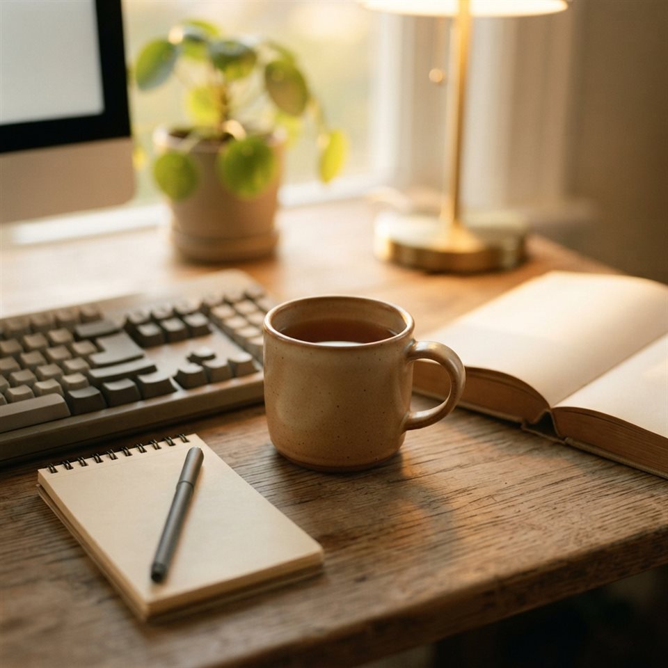 Photorealistic photo of workspace desk, close-up detail with shallow depth of field, warm golden light, calm mood, 1:1 aspect ratio