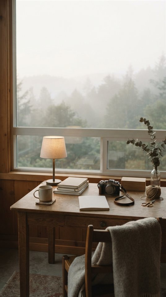 Cinematic film still of workspace desk, wide shot with open space at the top for text, misty morning haze, dreamy, 9:16 aspect ratio