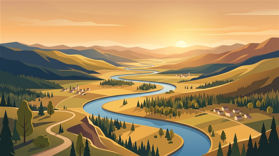 Ilustração plana minimalista de uma paisagem ampla e deslumbrante para área de trabalho de computador, vista de cima em ângulo alto, luz dourada quente, clima calmo, proporção 16:9