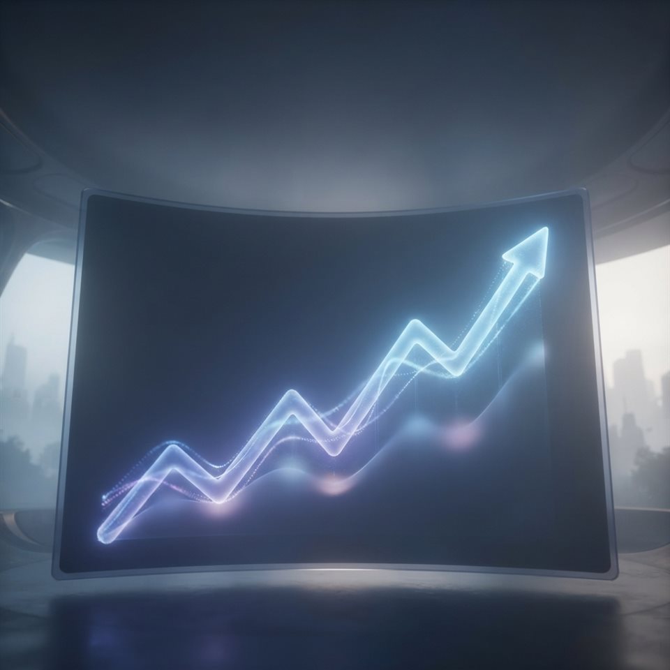 Soft 3D render of A glowing line graph showing upward financial trends on a dark screen, wide shot with open space at the top for text, misty morning haze, dreamy, 1:1 aspect ratio
