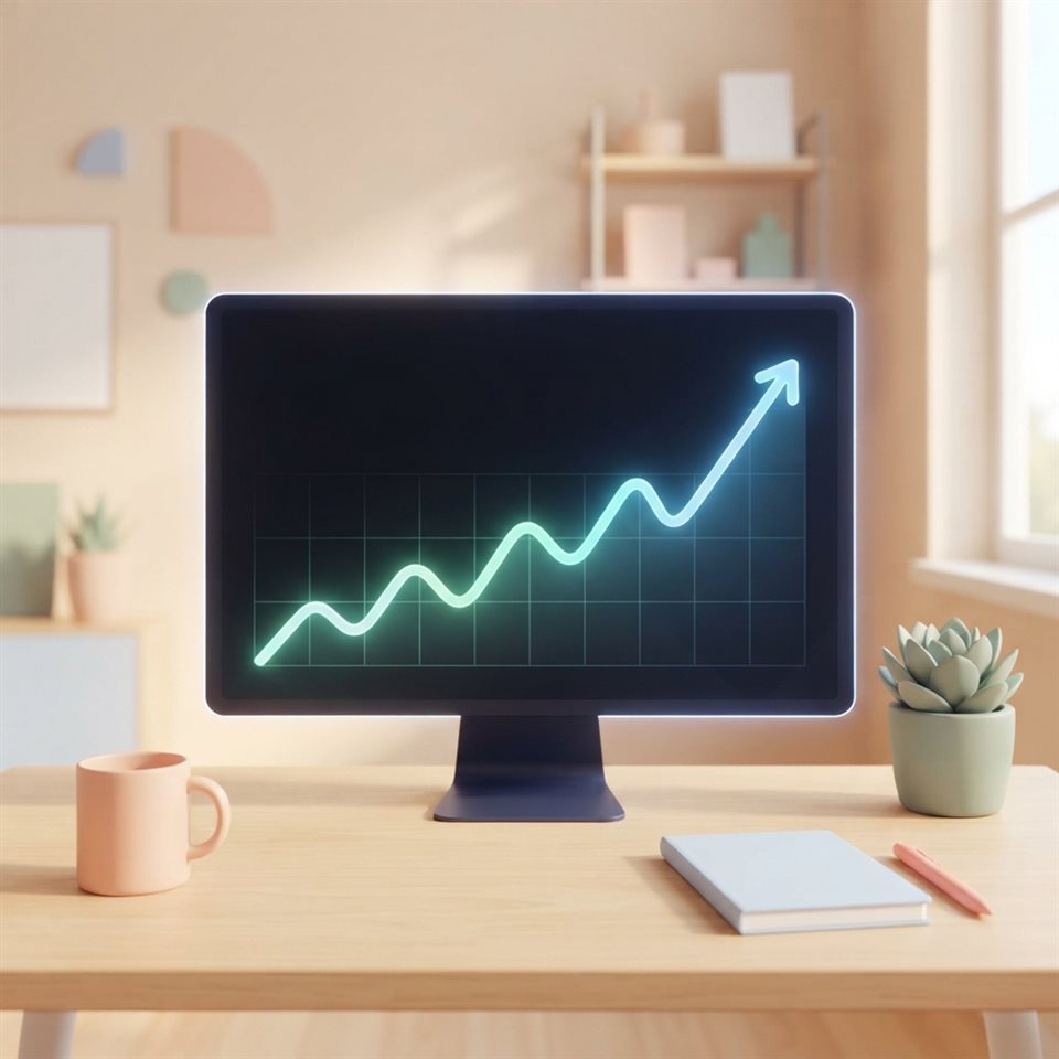 Minimal flat illustration of A glowing line graph showing upward financial trends on a dark screen, wide shot with open space at the top for text, soft pastel colors, bright and cozy, 1:1 aspect ratio