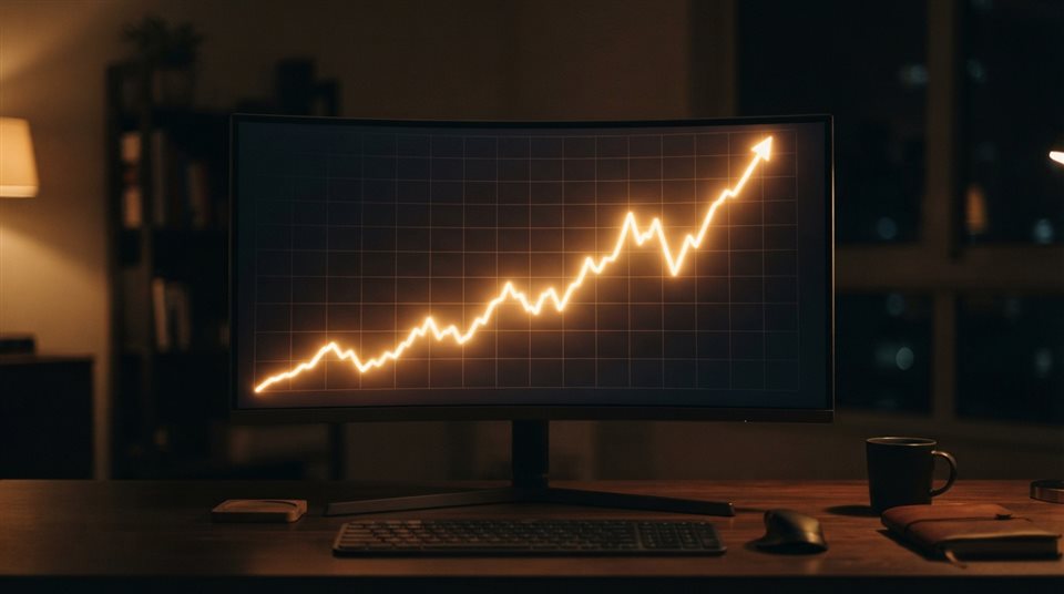 Photorealistic photo of A glowing line graph showing upward financial trends on a dark screen, centered subject with a simple uncluttered composition, warm golden light, calm mood, 16:9 aspect ratio