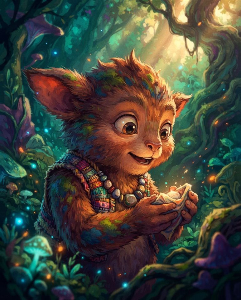 Cinematic film still of a colorful digital illustration of a cute character in a fantasy forest, close-up detail with shallow depth of field, vivid colors, high contrast, energetic, 4:5 aspect ratio