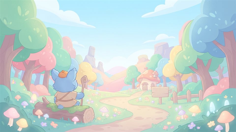 Minimal flat illustration of a colorful digital illustration of a cute character in a fantasy forest, wide shot with open space at the top for text, soft pastel colors, bright and cozy, 16:9 aspect ratio