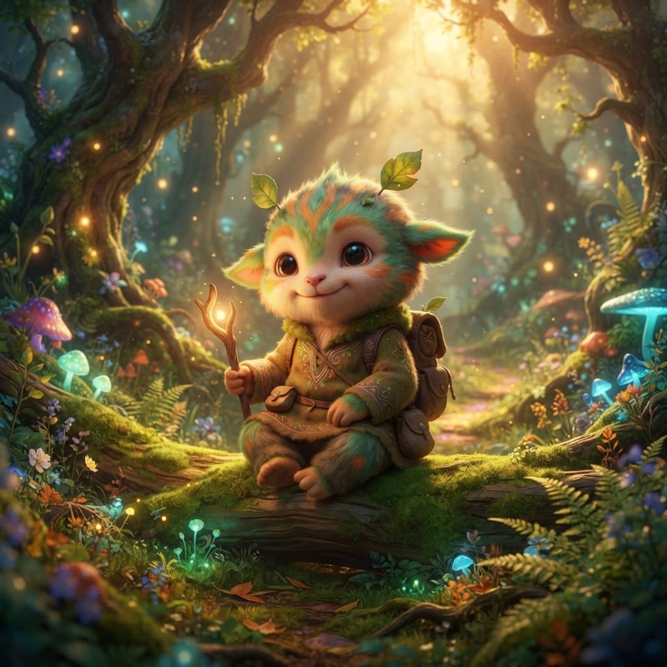 Photorealistic photo of a colorful digital illustration of a cute character in a fantasy forest, centered subject with a simple uncluttered composition, warm golden light, calm mood, 1:1 aspect ratio