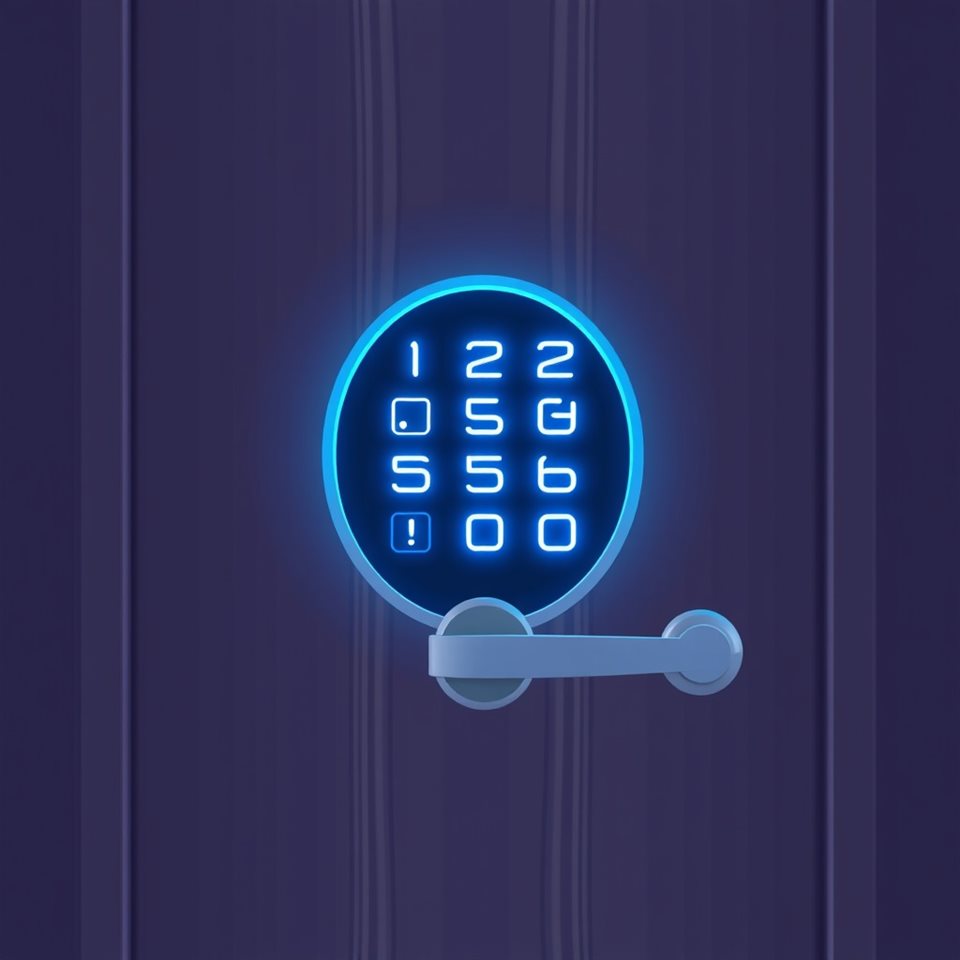 Minimal flat illustration of Modern electronic door lock keypad glowing with neon blue numbers on a dark wooden door, centered subject with a simple uncluttered composition, soft pastel colors, bright and cozy, 1:1 aspect ratio