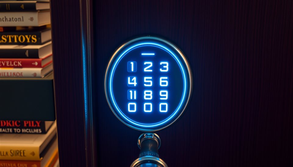 Cinematic film still of Modern electronic door lock keypad glowing with neon blue numbers on a dark wooden door, high-angle view from above, vivid colors, high contrast, energetic, 16:9 aspect ratio