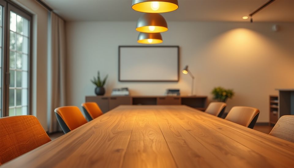 Photorealistic photo of Modern minimalist dining room with a stylish wooden table and warm pendant lighting overhead, close-up detail with shallow depth of field, warm golden light, calm mood, 16:9 aspect ratio