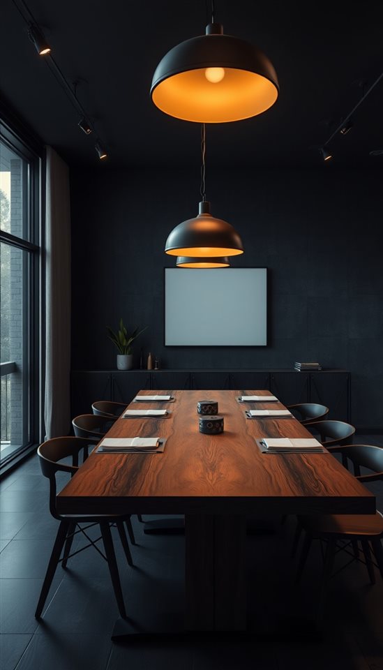 Photorealistic photo of Modern minimalist dining room with a stylish wooden table and warm pendant lighting overhead, wide shot with open space at the top for text, moody dark tones, dramatic lighting, 9:16 aspect ratio