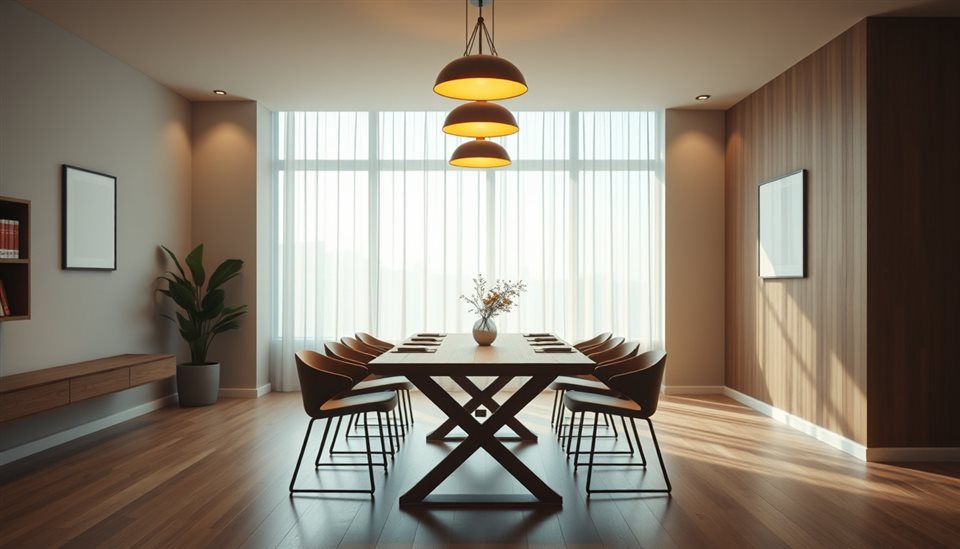Cinematic film still of Modern minimalist dining room with a stylish wooden table and warm pendant lighting overhead, wide shot with open space at the top for text, vivid colors, high contrast, energetic, 16:9 aspect ratio